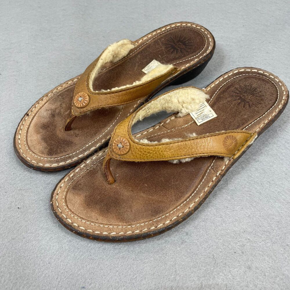 UGG Australia Sandals Women 7 Brown Leather Sheepskin Flip Flop Thong Shearling